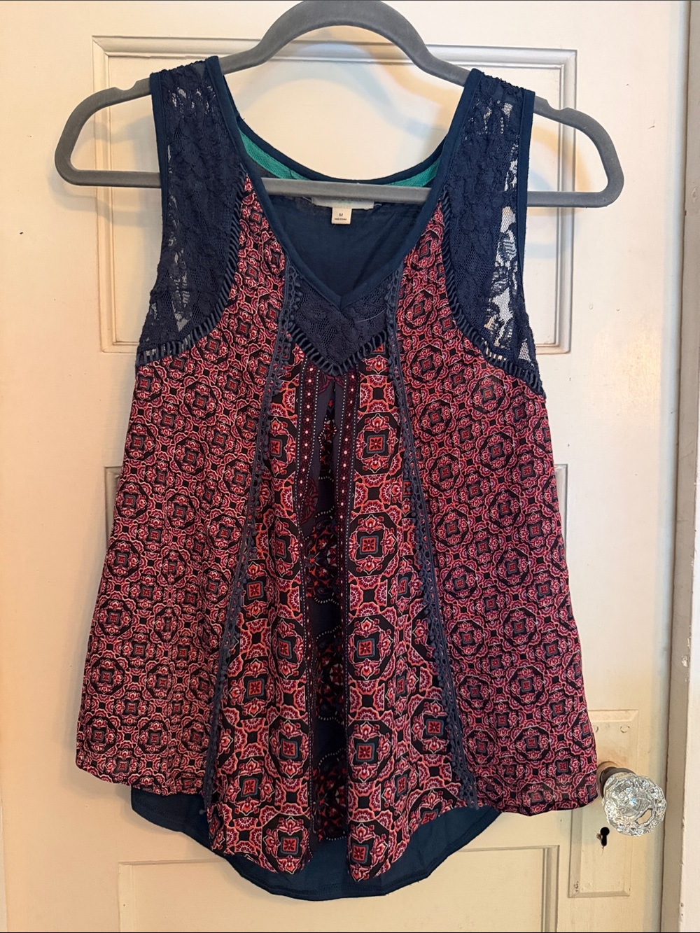 Taylor & Sage Navy & Pink Lace-Trim Printed Tank